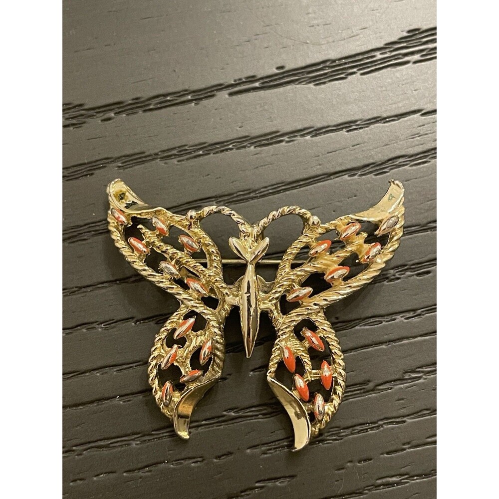 Vintage Orange Enamel‎ Gold Tone Butterfly Pin Brooch Pendant Signed Gerry's